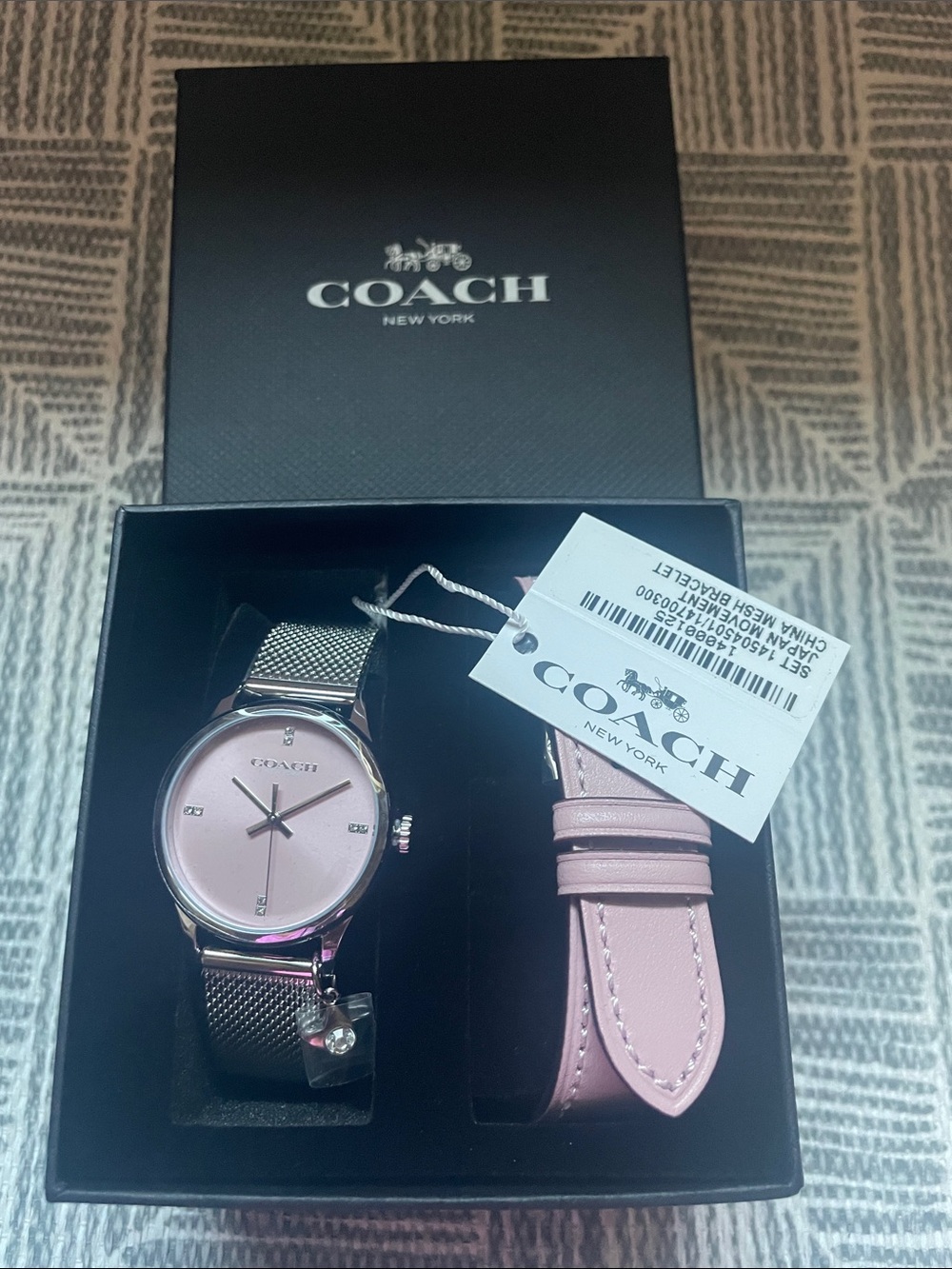 Coach Pink Dial Watch with Silver Mesh Bracelet and Pink Leather Strap